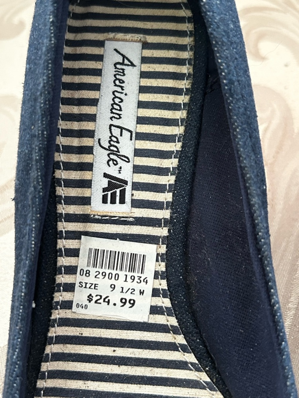 American Eagle Women’s 9.5 Navy Denim Peep-Toe Knot Cork Wedge Heels Shoes - Picture 4 of 10